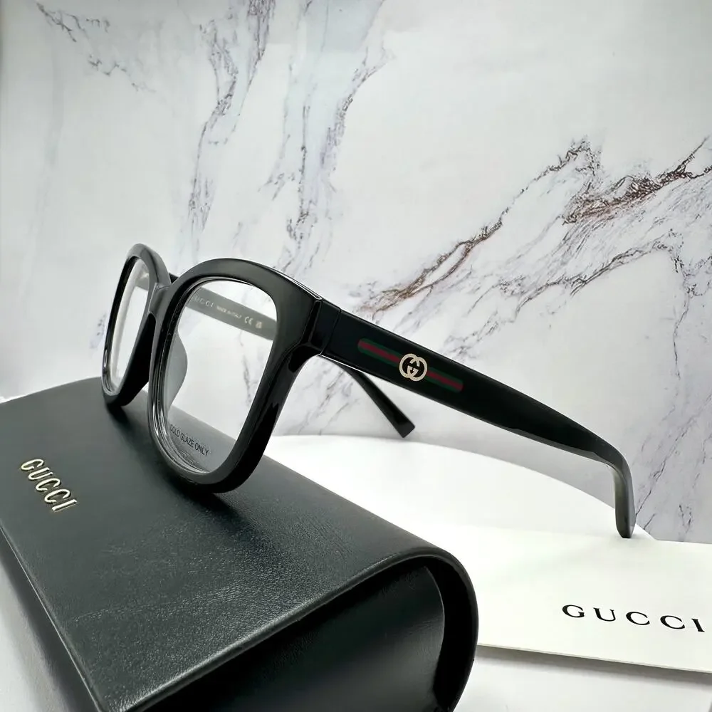 New GUCCI Eyeglasses 53-19-140 Black Square GG Logo Red Green Web Women Rx-able